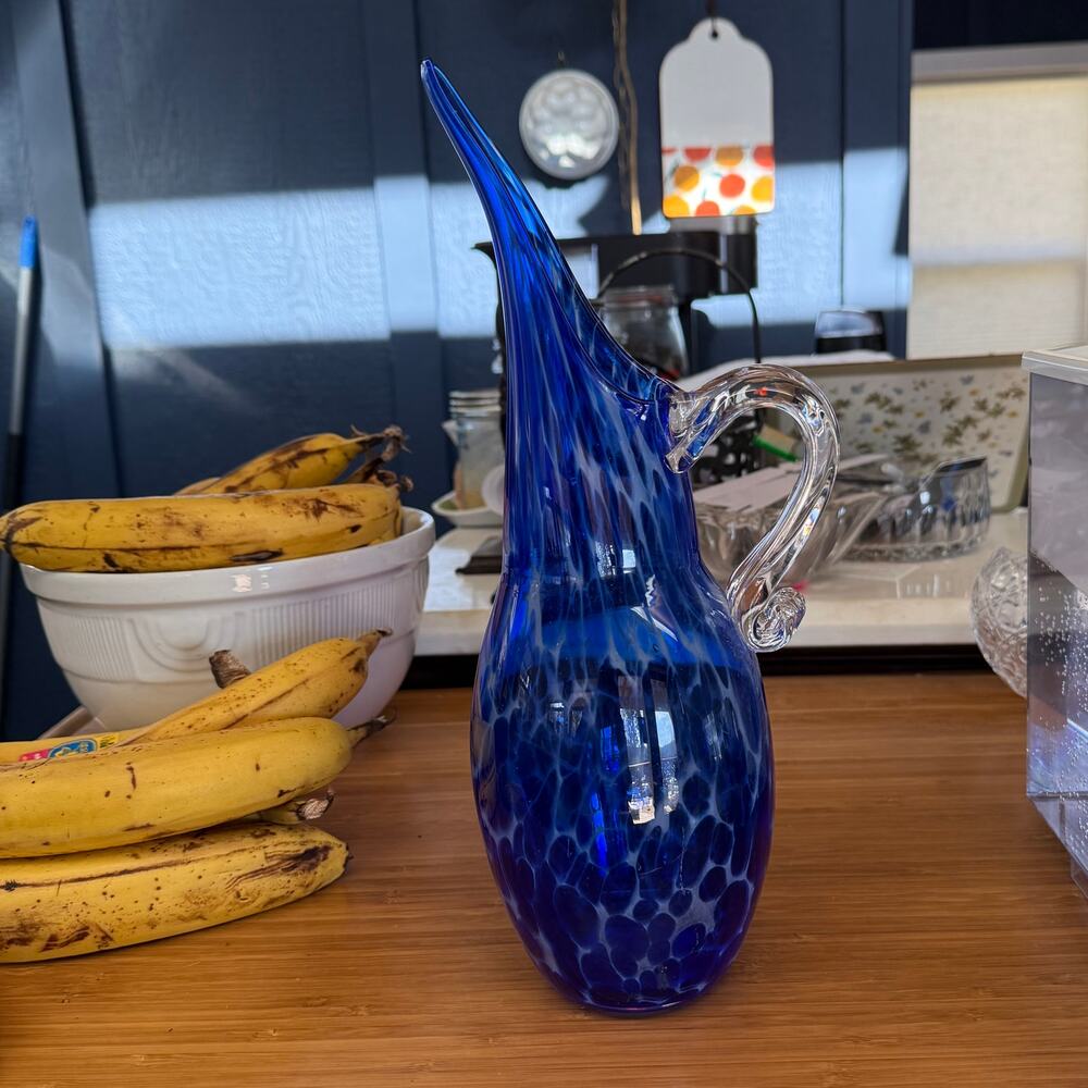 Cobalt‎ Blue 13" Swirl Pattern Art Glass Pitcher Jug Vase FLAWLESS